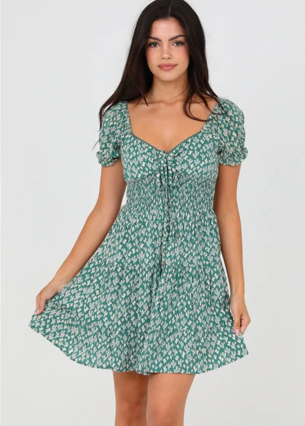 Cactus Print Short Sleeve Short Dress with Smocked