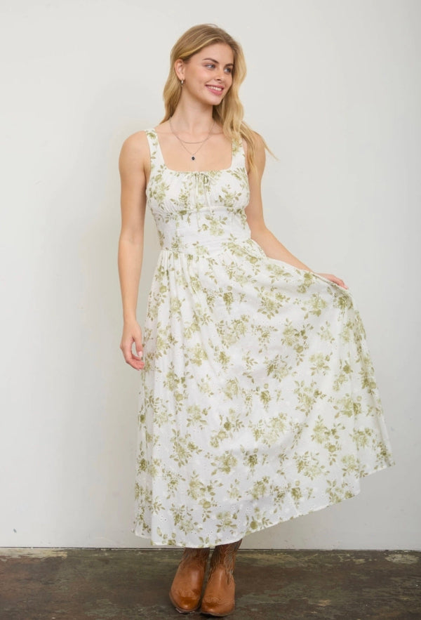 Floral Pattern Front Tie Corset Midi Dress