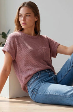 Crew Neck Cuffed Short Sleeve Top with Pocket