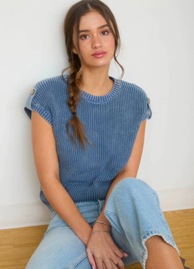 Acid Washed Tab Sleeve Back Button Knit Top