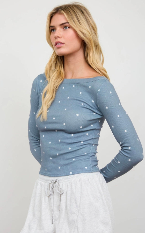 Polka Dot Boat Neck Ribbed Long Sleeve Knit Top