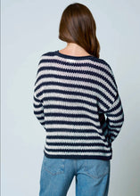 STRIPE RAW EDGE SPLIT NECK SHEER KNIT SWEATER