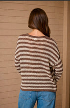 STRIPE RAW EDGE SPLIT NECK SHEER KNIT SWEATER