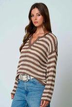 STRIPE RAW EDGE SPLIT NECK SHEER KNIT SWEATER
