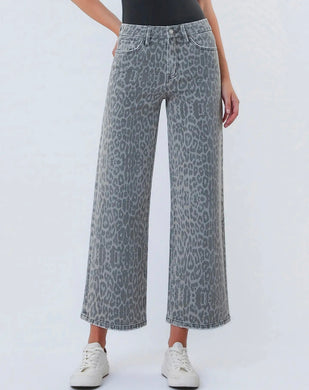 HIGH RISE GREY LEOPARD PRINT CROP WIDE LEG JEANS