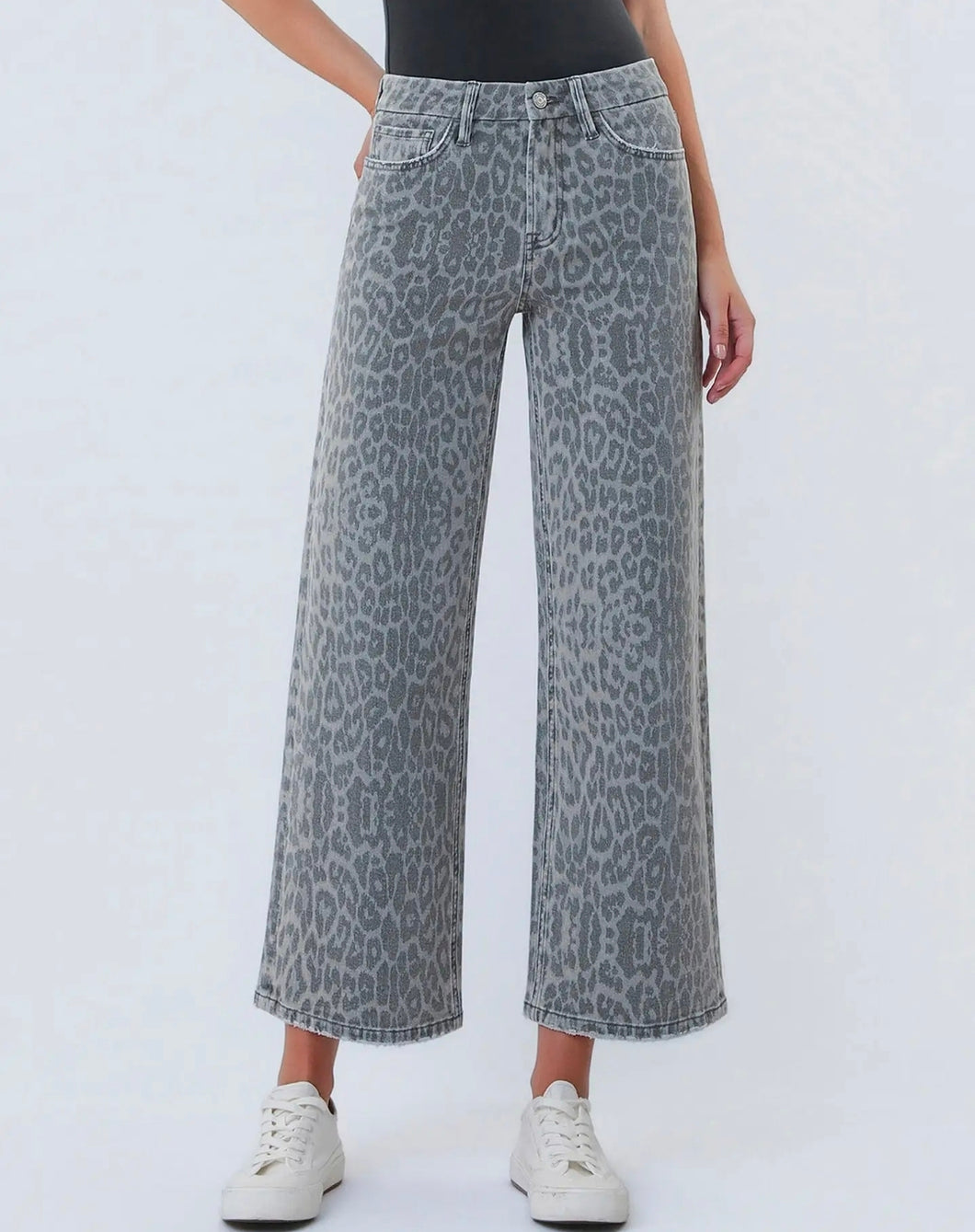 HIGH RISE GREY LEOPARD PRINT CROP WIDE LEG JEANS