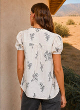 Floral Line Print Split Neck Button Down Linen Top