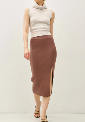 Ribbed Knit Sweater Midi Skirt with Side Slit