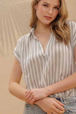 STRIPE COLLARED CUFF SLEEVE LIGHTWEIGHT SHIRT