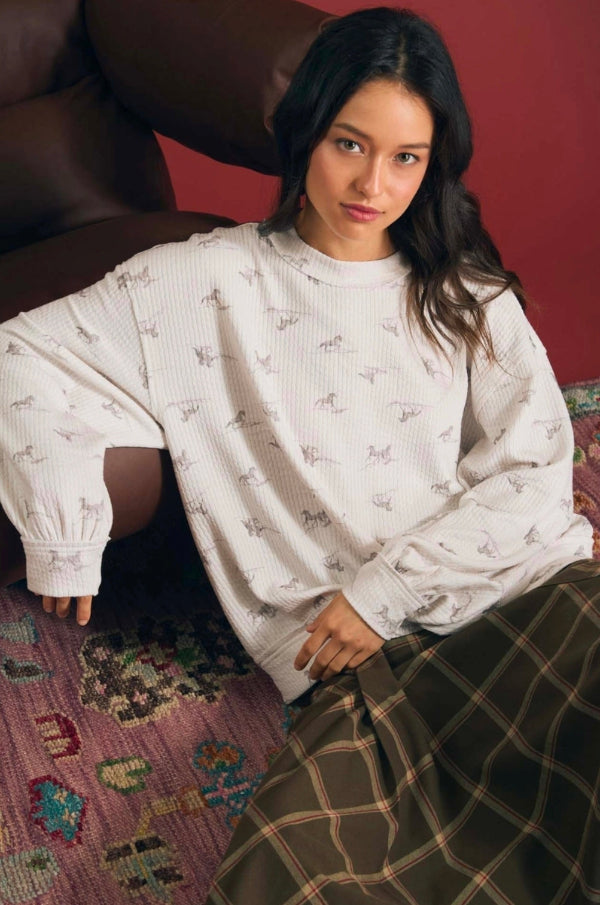 Horse Western Motif Long Sleeve Textured Knit Top