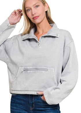 Acid Wash Fleece Half Snap Pullover W K Pocket