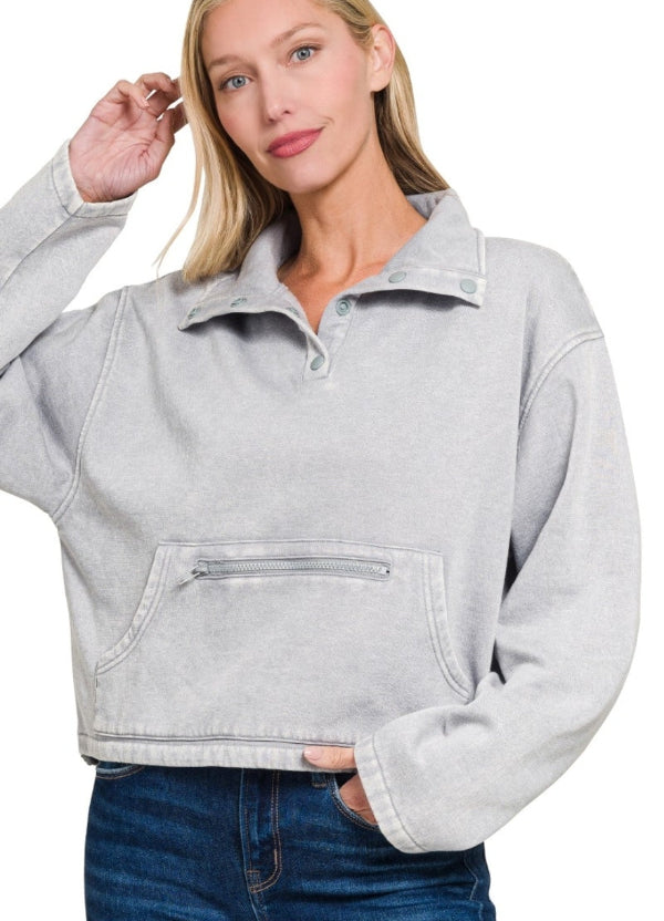 Acid Wash Fleece Half Snap Pullover W K Pocket