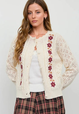 Floral Embroidery Crochet Knit Detail Cardigan