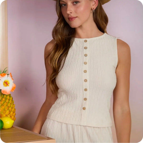 Textured Sleeveless Button Knit Top