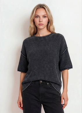 WASHED CREW NECK RAW EDGE SHORT SLEEVE SWEATER
