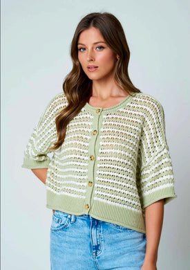 Stripe Short Sleeve Crochet Knit Cardigan