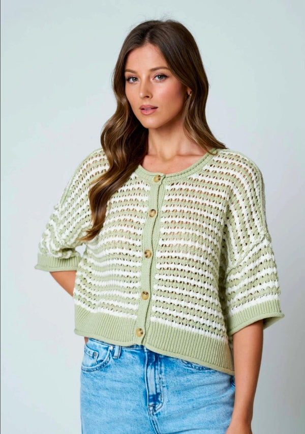 Stripe Short Sleeve Crochet Knit Cardigan