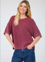 WASHED CREW NECK RAW EDGE SHORT SLEEVE SWEATER