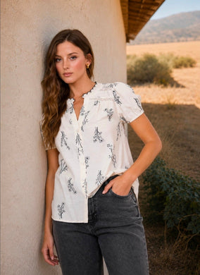 Floral Line Print Split Neck Button Down Linen Top