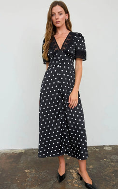 Polka Dot Lace Trim V Neck Button Down Midi Dress