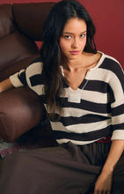 Wide Stripe Raw Split Neck Short Sleeve Sweater