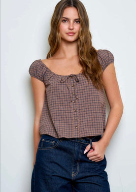 Plaid Front Tie Button Down Short Sleeve Top