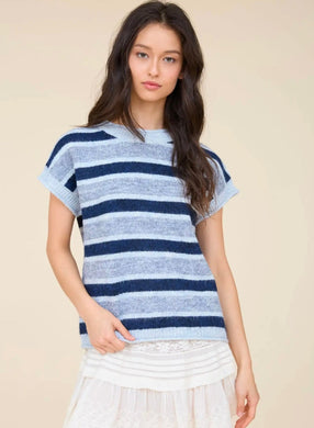 MARLED STRIPE SHORT SLEEVE RAW EDGE KNIT SWEATER