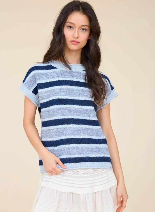 MARLED STRIPE SHORT SLEEVE RAW EDGE KNIT SWEATER