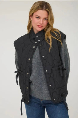 Tie Detail Snap Button Down Quilted Puffer Vest