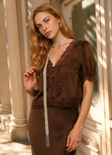 SATIN LACE TRIM V NECK PUFF SLEEVE BLOUSE