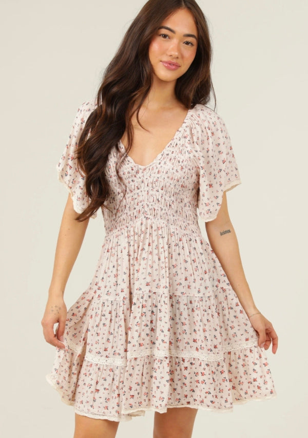 V Neck Smocked Bodice Lace Trim Short Dress