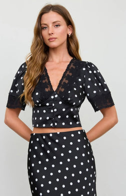 Polka Dot Satin V Neck Lace Trim Puff Sleeve Top