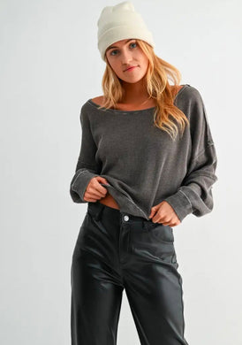 Raw Edge Waffle Knit Boatneck Pullover