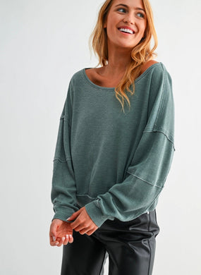 Raw Edge Waffle Knit Boatneck Pullover