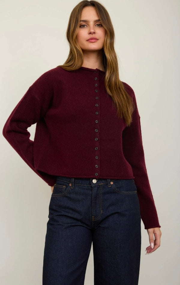 Raw Edge Mock Neck Button Down Cardigan