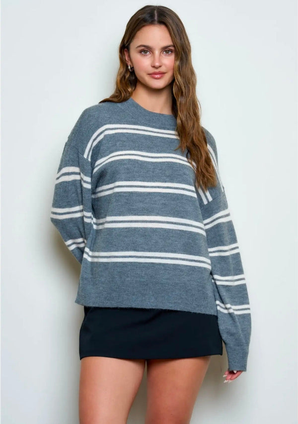 Stripe Drop Sleeve Crew Neck Knit Pullover