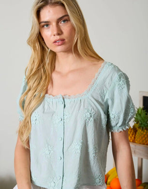 Floral Embroidery Lace Trim Puff Sleeve Top