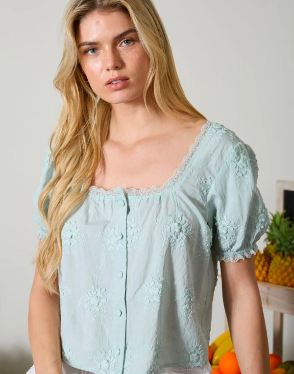 Floral Embroidery Lace Trim Puff Sleeve Top