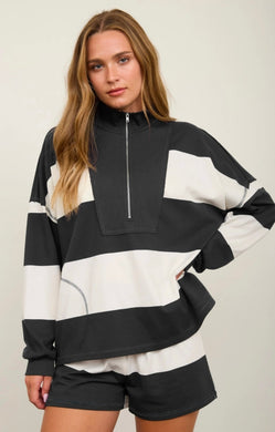 Wide Stripe Half Zip Long Sleeve Knit Top
