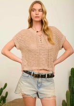 Lace Up Neckline Crochet Knit Short Sleeve Top