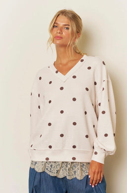 Polka Dot Long Sleeve Textured Knit Top