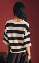 Wide Stripe Raw Split Neck Short Sleeve Sweater