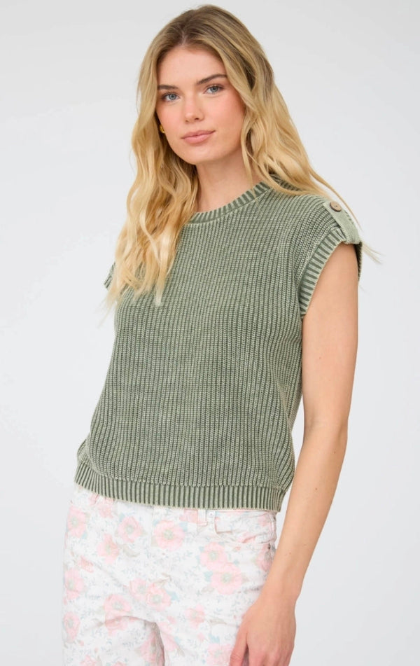 Acid Washed Tab Sleeve Back Button Knit Top