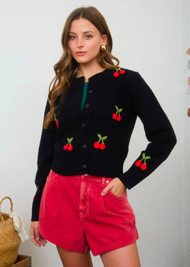 Crochet Cherry Detail Button Down Knit Cardigan