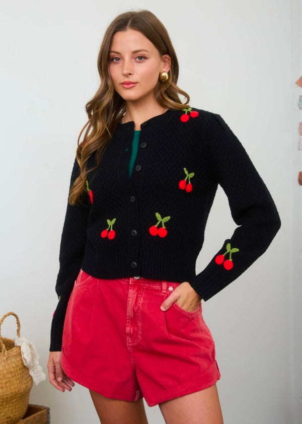 Crochet Cherry Detail Button Down Knit Cardigan