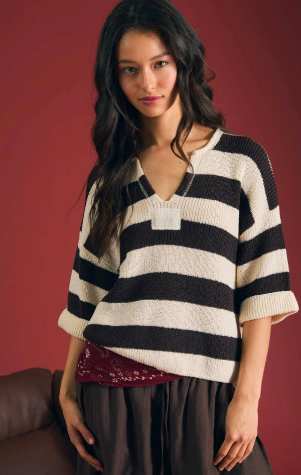 Wide Stripe Raw Split Neck Short Sleeve Sweater