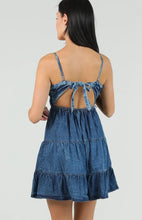 Acid Wash Denim V Neck Dress with Open Tie Back