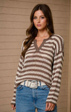 STRIPE RAW EDGE SPLIT NECK SHEER KNIT SWEATER