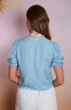 Embroidered Front Tie Scalloped Chambray Top
