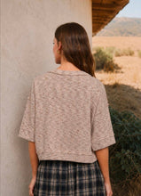 Marled Button Down Short Sleeve Raw Edge Knit Top
